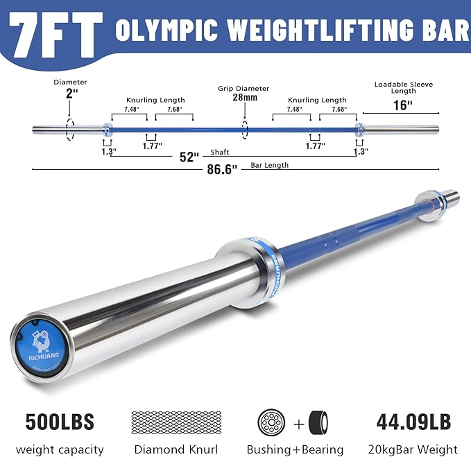 7ft Olympic Barbell, Weightlifting Barbell 28mm 45lb - 500/700/1000lbs Capacity with Smooth Spinning Sleeves, Olympic Bar Fits 2" Olympic Plates, for Snatch Clean Jerk - Home Gym Training