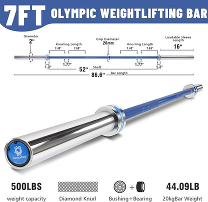 7ft Olympic Barbell, Weightlifting Barbell 28mm 45lb - 500/700/1000lbs Capacity with Smooth Spinning Sleeves, Olympic Bar Fits 2" Olympic Plates, for Snatch Clean Jerk - Home Gym Training