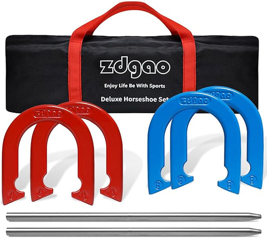 Horseshoes Outside Game Set-Portable Outdoor Horseshoe Set Includes 4 Professional Solid Steel