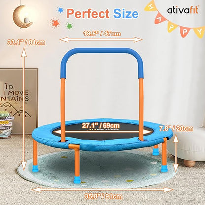 Ativafit 36inch Mini Toddler Trampoline for Kids Ages 2-6 Indoor Outdoor Folding Small Rebounder Trampoline with Foam Handle Safety Padded Cover Fun for Kids