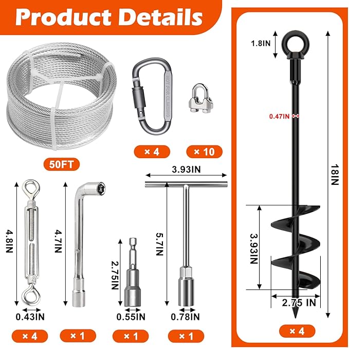 4 Pcs 18" Fully Welded Ground Anchors Shed Anchors Kit with 1/8" Galvanized Cable & Turnbuckles & Carabiners, Heavy Duty Earth Anchors for Sheds Trees Trampoline Greenhouse Swing Set Tent (Black)