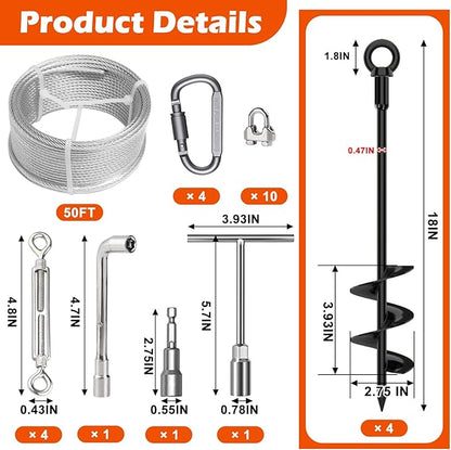 4 Pcs 18" Fully Welded Ground Anchors Shed Anchors Kit with 1/8" Galvanized Cable & Turnbuckles & Carabiners, Heavy Duty Earth Anchors for Sheds Trees Trampoline Greenhouse Swing Set Tent (Black)