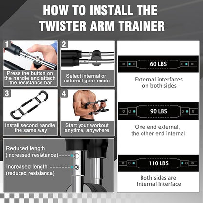 Twister Arm Trainer, Adjustable Chest Workout Equipment, Multi-functional Chest Exerciser for Men and Women, Portable Arm Trainer with 2 Wrist Bands, a Head Band, a Workout Towel and a Carry Bag