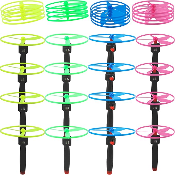 48 Pcs Flying Saucer Flying Disc Toy Helicopter Toy Disco Flyers Include 16 String Launchers and 32 Flying Saucer for Kids Outdoor Games Birthday Favors, Random Colors