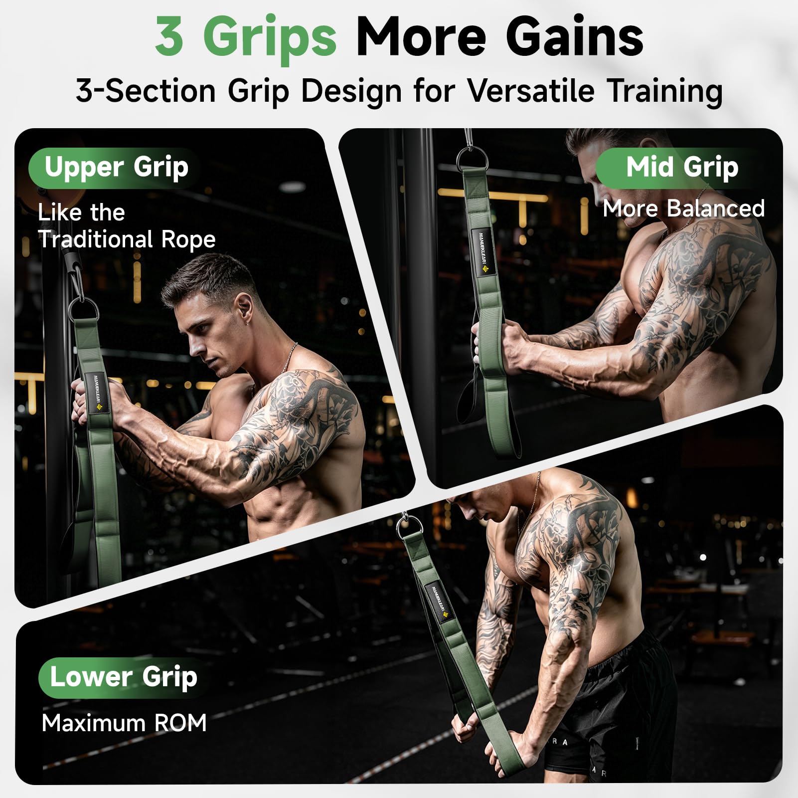 MANUEKLEAR 3 Grip Lengths in 1 Tricep Rope Cable Attachment with Ergonomic Handles, Greater ROM for