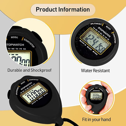 Stopwatch Sport Timer, 2 Pack Large Display Digital Stopwatch Timer with Date Time, No Alarm Silent Easy to Set Stopwatches for Sports, Coaches, Kids, Swimming and Running (Black)