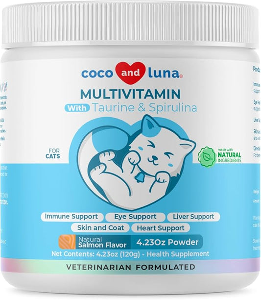 Multivitamin for Cats - 4oz Powder - L-Lysine, Taurine, and Spirulina for Immune Support and Eye