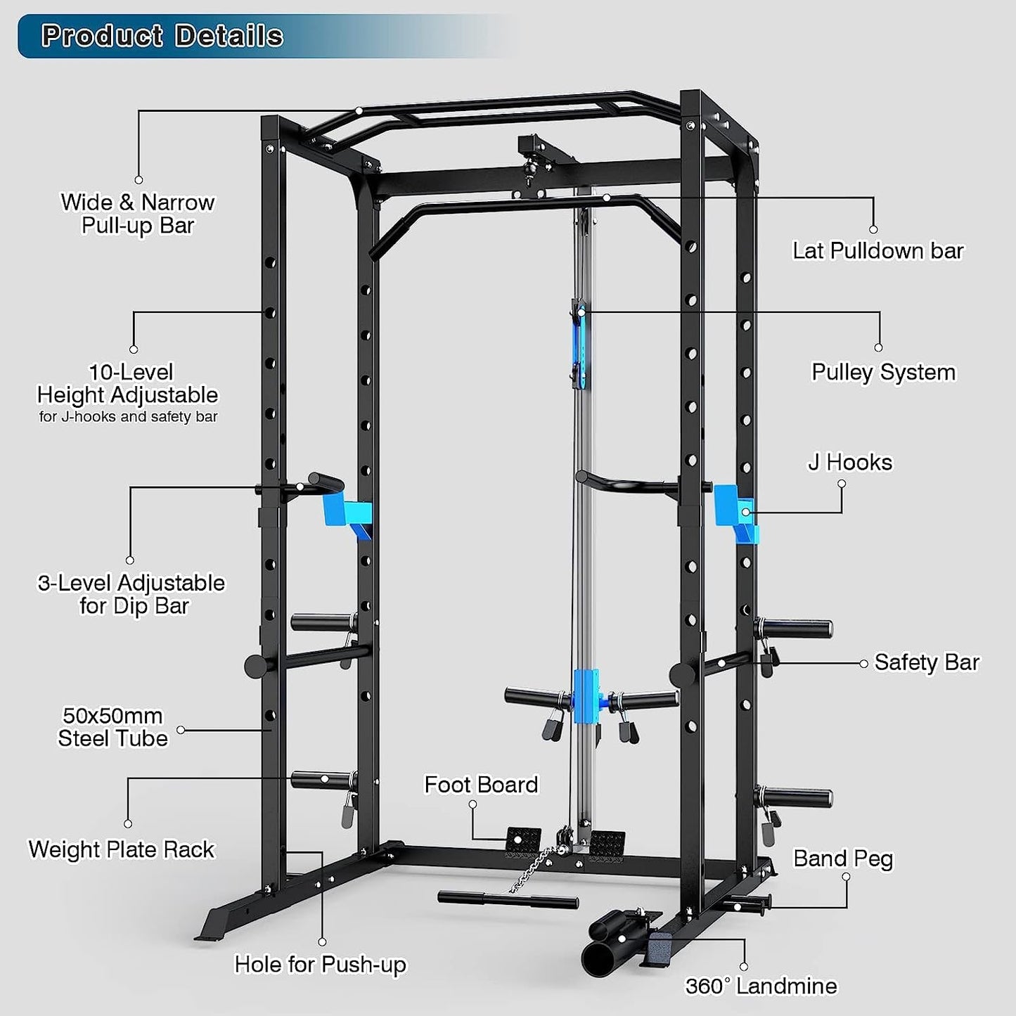 ULTRA FUEGO Power Cage, Multi-Functional Power Rack with J-Hooks, Dip Handles, Landmine Attachment