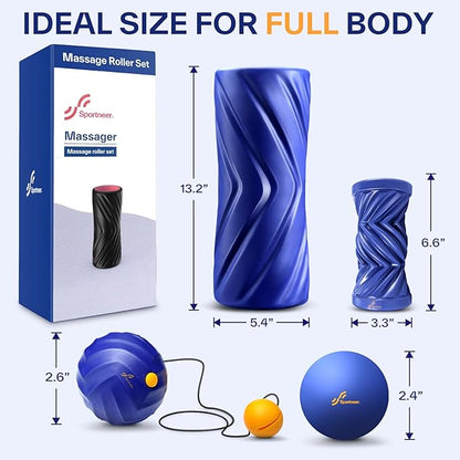 Sportneer 4 in 1 Foam Roller Set: Dual Textures Foam Roller, Foot Roller, Lacrosse Ball, Traction Massage Ball with String, Deep Massage Roller for Whole Body Release, Physical Therapy