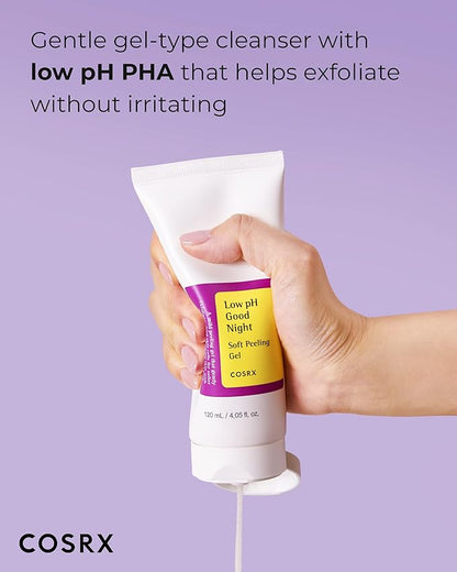 COSRX Low pH Good Night Soft Peeling Gel, 4.05 fl oz / 120ml, Mildly Exfoliating PHA For Sensitive Skin with Natural Cellulose, Radiating, Cleansing, Not Tested on Animals, Korean Skin Care