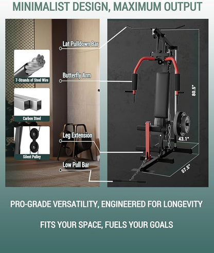 Full Body Workout Station with LAT Pulldown, Chest Press, Leg Extension, Seated Row | Compact Home Gym Equipment for Small Spaces | 300LB Capacity | Fits 1"& 2" Plates (Weights Not Included)