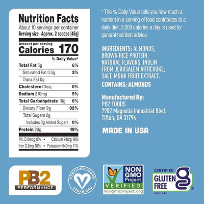 PB2 Performance Almond Plant Based Vegan Protein Powder | 20g Complete Protein, No Added Sugar, Prebiotic Fiber | Dairy Free, Certified Vegan, Non-GMO, Gluten Free [Almond w/Madagascar Vanilla, 1LB]