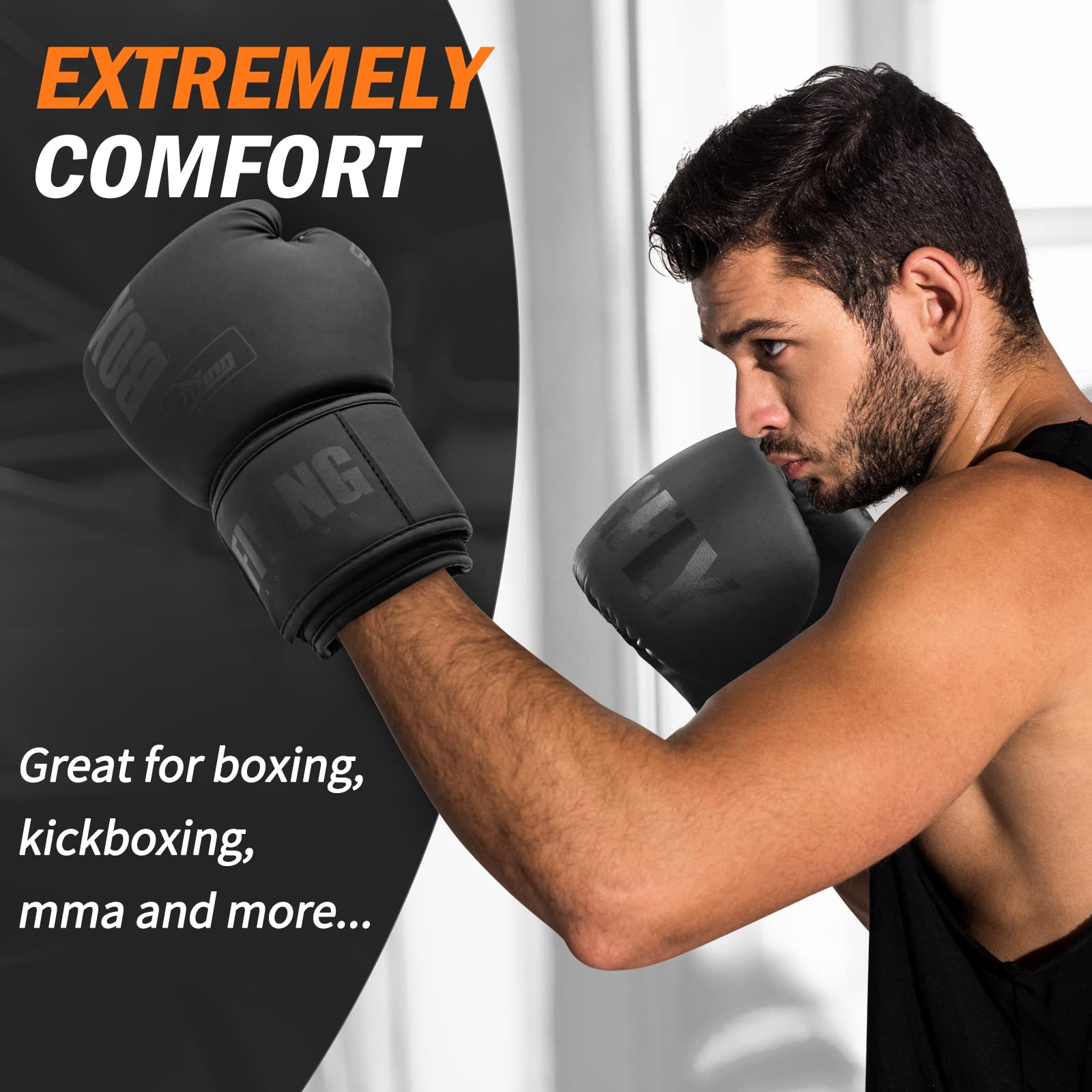 FIVING Boxing Gloves for Men and Women (Black, 16oz)