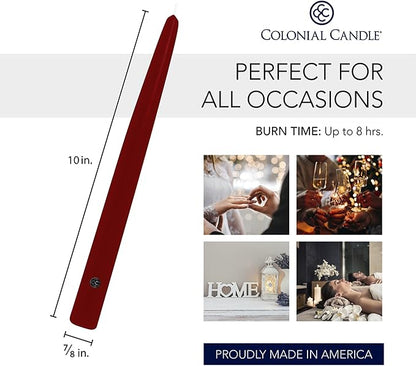 Colonial Candle Unscented Taper Candle, Handipt Collection, Traditional Cranberry, 10 In, Pack of 12 - Up to 8 Hours Burn
