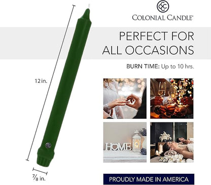 Colonial Candle Unscented Taper Candle, Classic Collection, Evergreen, 12 in, Pack of 12 - Up to 10 Hours Burn