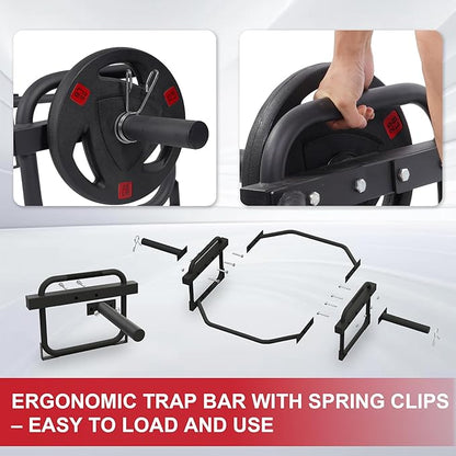 Olympic 2-Inch Hex Weight Lifting Trap Bar for Strength Training, 500-Pound Capacity, Safety Clips, Home Gym for Shoulder Presses, Shrugs, Back Rows