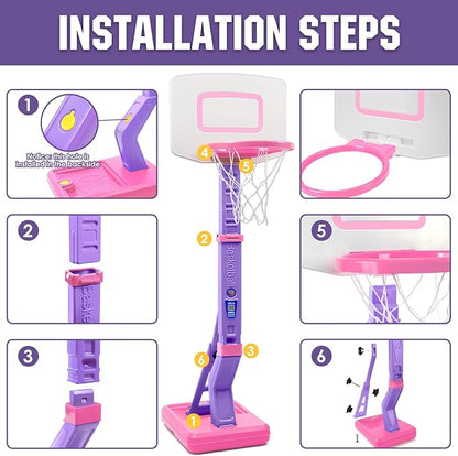 SUPER JOY Toddler Pink Basketball Hoop for Kids 1-3,2-4 5 Years Old, Adjustable Mini Hoop Set for Indoor Outdoor Play, Portable Basketball Goal Sports Toys for Little Boys Girls Birthday Gifts