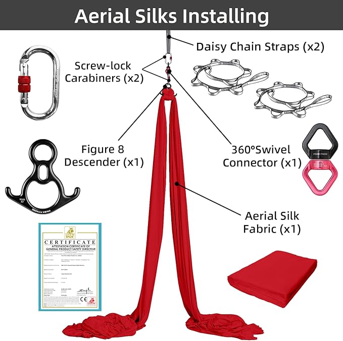 PRIOR FITNESS Aerial Silks Set, Professional Thicker Low Stretch Fabric 9/15/20 Yards Aerial Silk Swing Set with Hardware Guide, Yoga Starter Kit For Home, Aerial Yoga Hammock, Silks for Gymnastics, Antigravity Yoga, Inversion Exercise-All Levels