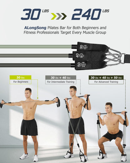 Pilates Bar Kit with Resistance Bands Latex Elastic, ALongSong Multifunctional Yoga Pilates Bar