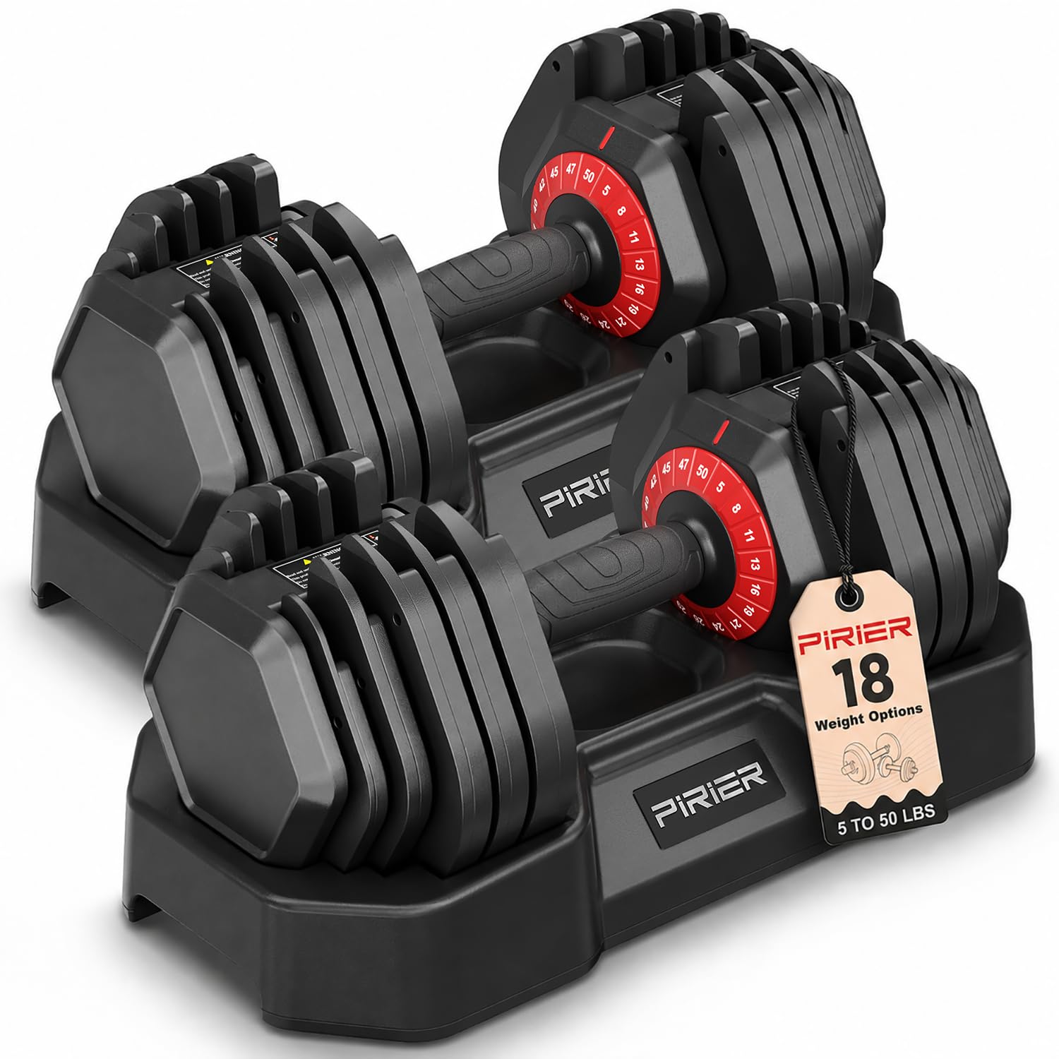 PIRIER Adjustable Dumbbell Set 50LB, 18-in-1 Free Weight Adjustable Dumbbells, One-Hand Twist