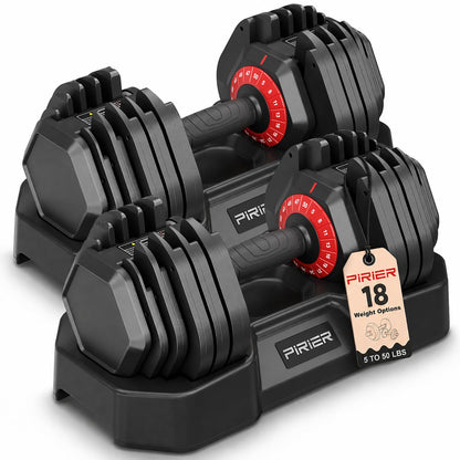 PIRIER Adjustable Dumbbell Set 50LB, 18-in-1 Free Weight Adjustable Dumbbells, One-Hand Twist