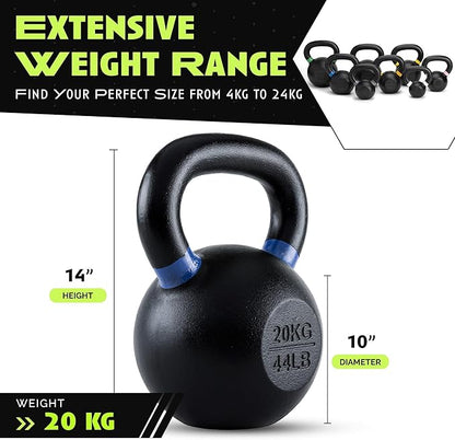 Single Cast Iron Kettlebell | Powder Coated - Wide Handle Weights for Core & Glute Workouts; Swings, Squats, Deadlifts; Strength, Endurance & Flexibility for Men & Women