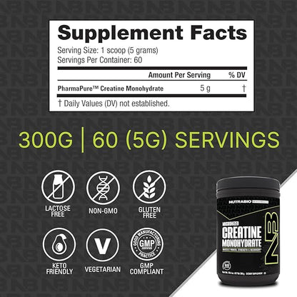 NutraBio Pure Micronized Creatine Monohydrate Powder Supplement, Unflavored, (300 g) - Supports Bulk Muscle Energy, Recovery, and Strength - HPLC Tested Creatine Powder Supplement for Men and Women
