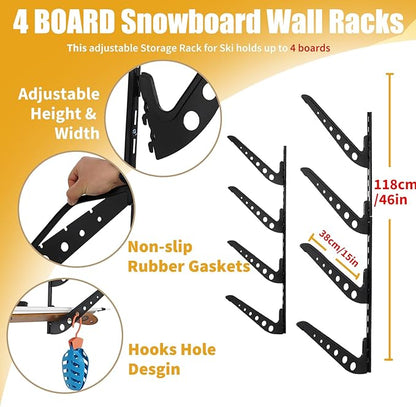 4 Board Snowboard Wall Racks, Adjustable Storage Rack for Ski, Surfboard, Wakeboard, Snowboard Wall Mount Display, Black