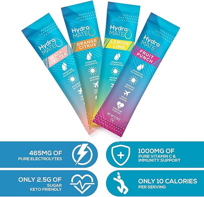 HydroMATE Electrolyte Powder Variety Pack Hydration Packets Low Sugar 16 Count