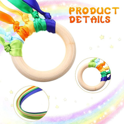 Junkin Ribbon Rings Hand Kite Waldorf Toys Dancing Wrist Ribbons Rainbow Streamers with Wood Ring Sensory Learning Educational Toy for Playroom Dancing Birthday Party Gift(24 Pcs)