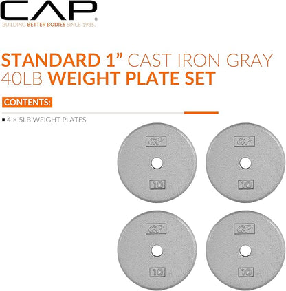 CAP Barbell Standard 1-Inch Cast Iron Weight Plates - Singles & Sets | 1.25-50 lbs | Multiple Options