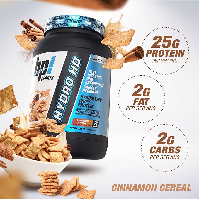 BPI Sports Hydro HD - 100% Hydrolyzed Whey Protein Powder - Muscle Growth, Recovery, 25g of Hydrolyzed Protein, Low Carb, Low Sugar, Fast Absorbing (23 Servings, Cinnamon Cereal)