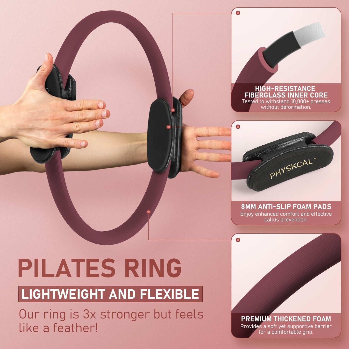 PhysKcal Pilates Kit, 15-Inch Pilates Ring with Pilates Ball & Bands, Plum