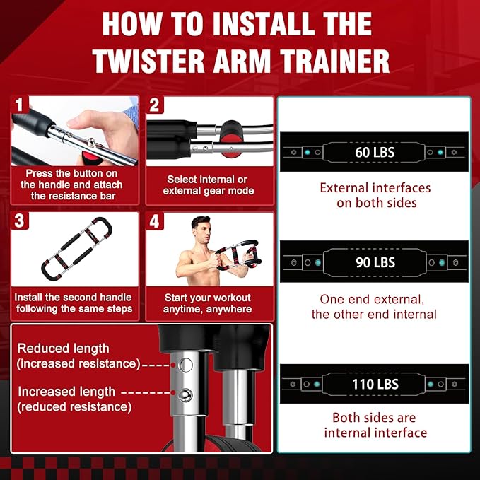 Twister Arm Trainer, Adjustable Chest Workout Equipment, Multi-functional Chest Exerciser for Men and Women, Portable Arm Trainer with 2 Wrist Bands, a Head Band, a Workout Towel and a Carry Bag