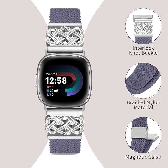 Braided Band Compatible with Fitbit Versa 4 Bands for Woman/Versa 3/Sense 1/Sense 2 Band, Magnetic Clasp Fabric Nylon with Designer Interlock Buckle Straps for Fitbit Versa4/3/Sense1/2