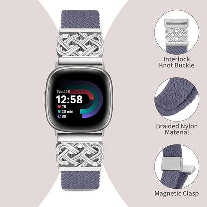 Braided Band Compatible with Fitbit Versa 4 Bands for Woman/Versa 3/Sense 1/Sense 2 Band, Magnetic Clasp Fabric Nylon with Designer Interlock Buckle Straps for Fitbit Versa4/3/Sense1/2
