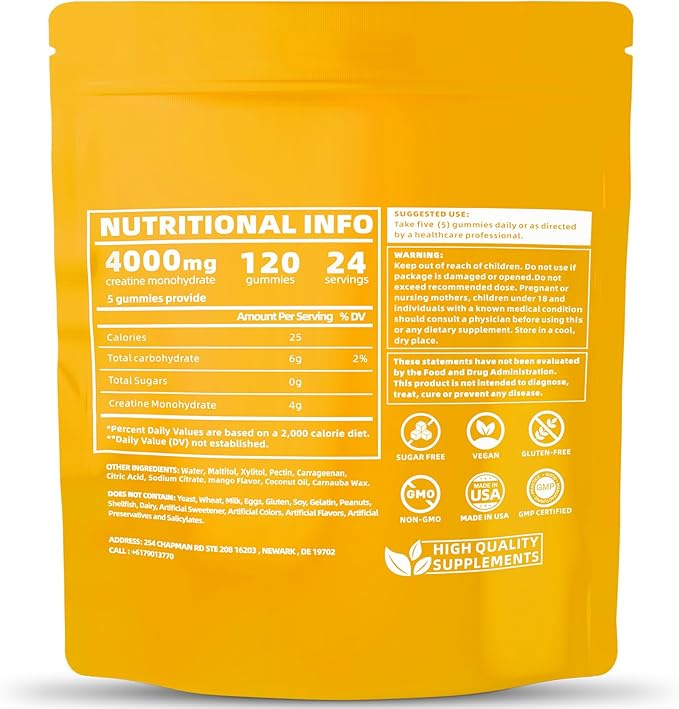 Flavored creatine monohydrate Gummies Sugar Free,Pre Workout Supplements creatine Gummies for Men&Women,Gym Supplements,Supports Muscle Growth,Recovery,Strength,Energy Boost（120 Count）-Mango