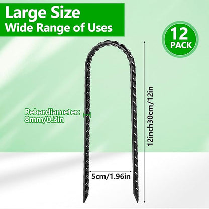 12 Pack Trampoline Stakes, 12 Inches Trampoline Wind Stakes, Heavy Duty Ground Anchors, U Shaped Rebar Ground Stake with T Hook for Security Swing Set Camping Soccer Goals(Black)