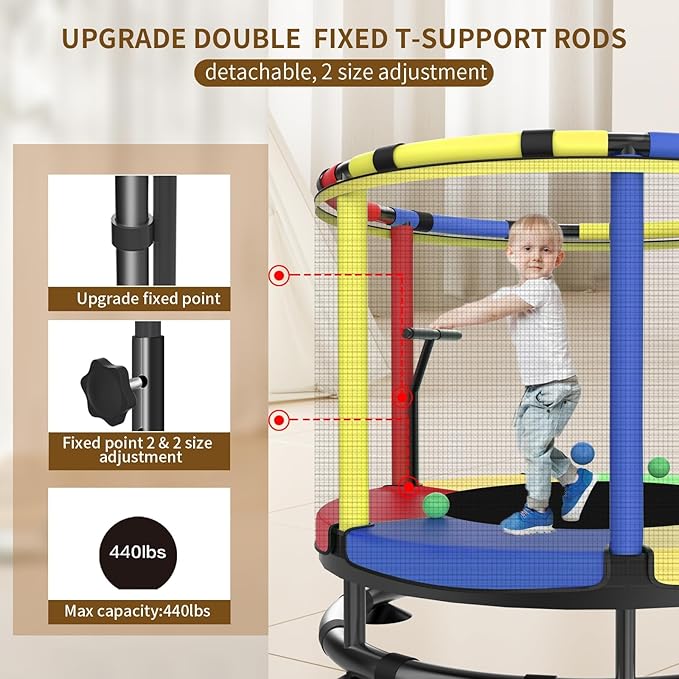 Trampoline for Kids, Full Anti-Rust 440lbs Anti-Rollover Round Bottom Toddler Trampoline, T-handrail Adjustable Baby Toddler Trampolines Dart Board