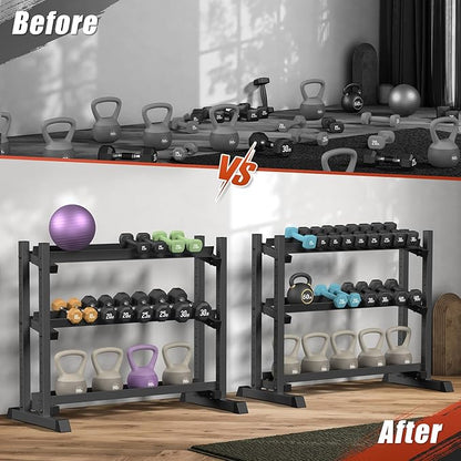 3-Tier Dumbbell Rack Stand Only, 1200LB Capacity Jusgym Adjustable Weight Rack for Home Gym, Heavy-Duty Weight Stand for Dumbbells Kettlebells