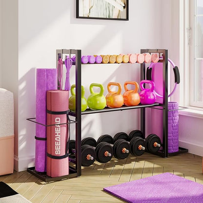 3-Tier Adjustable Dumbbell Rack Heavy Duty Metal Storage Rack, Dumbbell Weight Rack and Kettlebells Rack, Yoga Mat Organizer, Multi-Purpose Gym Equipment Storage Stand for Home Gym Accessories