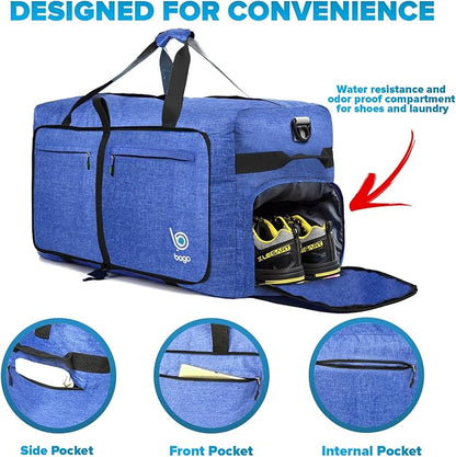 Bago Large Foldable Duffel Bags for Traveling Women & Men - 100L Packable Duffle Bag for Travel with Shoe Compartment - Water Repellant, Heavy Duty, Lightweight Folding & Collapsible (SnowDepBlue)