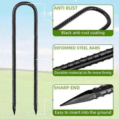 Black Trampoline Stakes Anchors High Wind 12inx6mm Galvanized U Hook 12pcs Rebar Stakes – Heavy Duty Ground Anchors for Trampoline,Yard & Inflatable,Landscape Metal Stakes for Outdoor Decorations