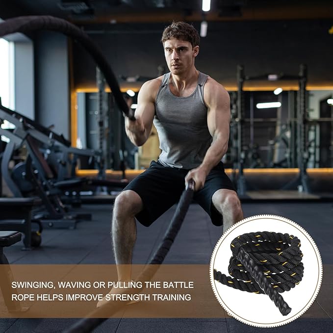 MECCANIXITY Battle Rope 10ft x 1 Inch Polyester Workout Rope Heavy Fitness Exercise Rope for Strength Training Home Gym Muscle Building, Black Yellow
