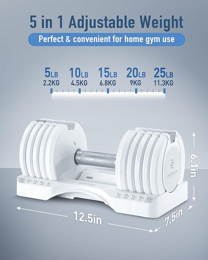 Adjustable Dumbbell – 12.5/25lb Single Unit OR Set of 2 – 5-in-1 Adjustable Weight for Home Gym, Strength Training & Fitness Workouts, White OR Black
