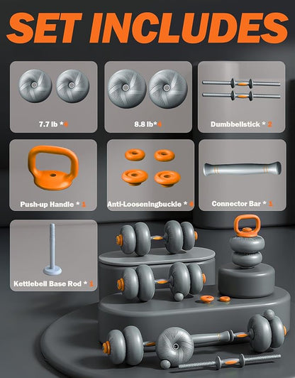 Fitarc Soft Adjustable Dumbbells 44/66/88 lbs Floor Friendly, 4-in-1 Free Weights Set with Barbell & Kettlebell Function – Compact Strength Equipment for Home Gym, Apartment, Small Space Workout for Men & Women