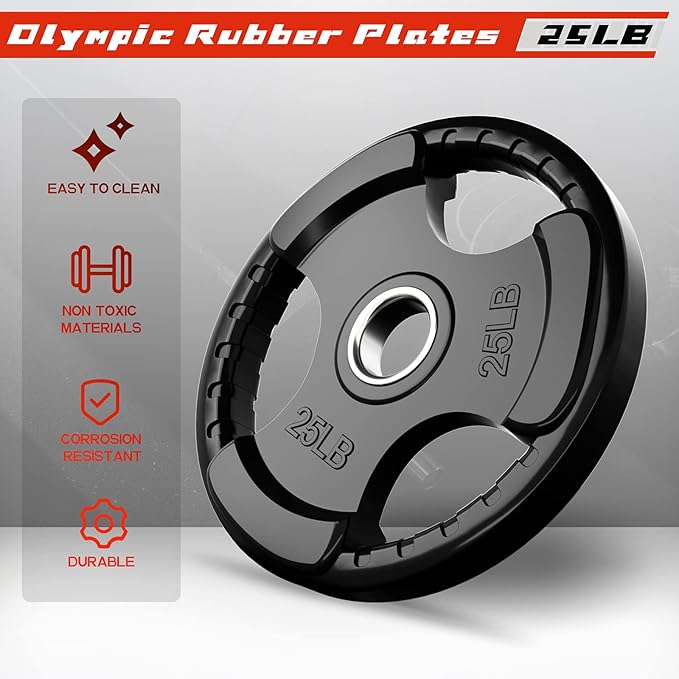 RitFit Olympic Rubber Grip Plates for Barbell, 2-Inch Weight Plates for Weightlifting and Strength Training in Home & Gym, Single, Pair and Sets(2.5/5/10/25/35/45 LB)