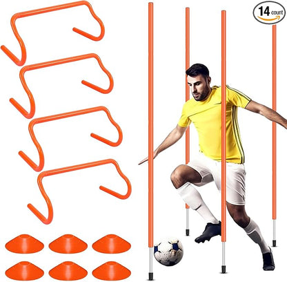 Agility Training Equipment Soccer Speed Training Includes 4 Adjustable Soccer Agility Poles 4 Agility Hurdles 6 Soccer Cones for Youth Adults Athletes Football Soccer Training