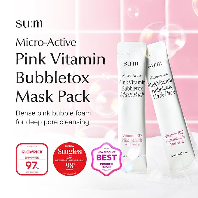 SU:M Micro-Active Pink Vitamin Bubbletox Mask Pack (0.13 fl oz x 14ea) - Korean Skincare ??Deep pore cleansing, hydration with Fermented Pink Vitamin 12, Hibiscus, Kaolin & Bentonite