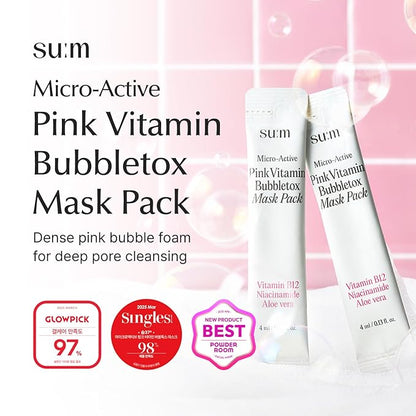 SU:M Micro-Active Pink Vitamin Bubbletox Mask Pack (0.13 fl oz x 14ea) - Korean Skincare ??Deep pore cleansing, hydration with Fermented Pink Vitamin 12, Hibiscus, Kaolin & Bentonite